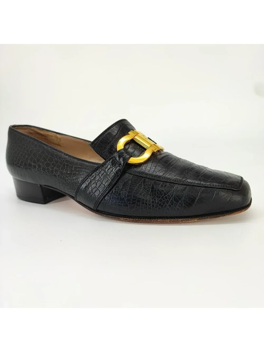 Salvatore Ferragamo Women's Size 5.5 US Loafers Leather Black Croc Gancini